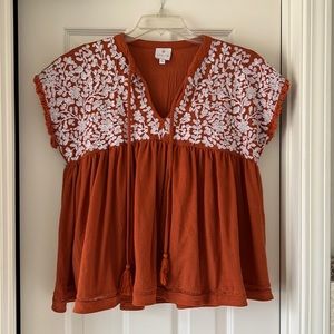 J. Marie burnt orange embroidered top